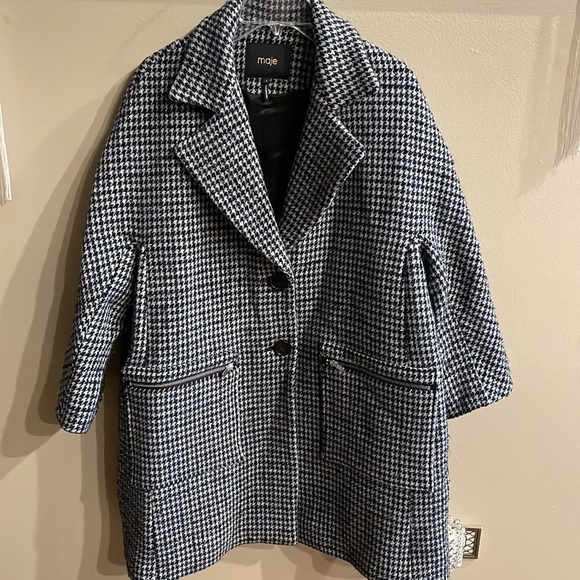 MAJE women’s GARLY wool houndstooth pattern coat collared 2 button OVERSIZED S 1 - Picture 3 of 14